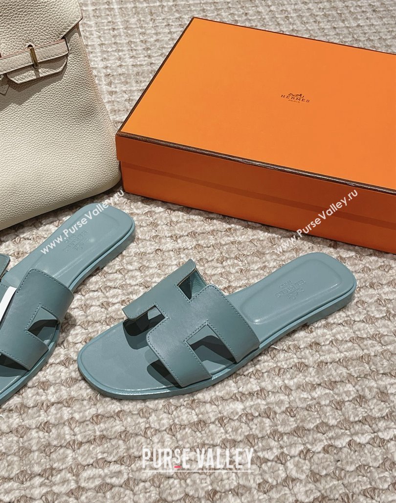 Hermes Classic Oran Flat Slide Sandals in Smooth Leather Blue 07 2024 0123 (MD-240123077)