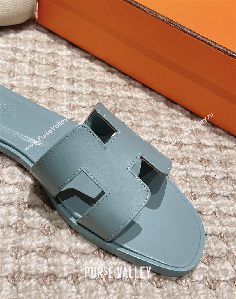 Hermes Classic Oran Flat Slide Sandals in Smooth Leather Blue 07 2024 0123 (MD-240123077)