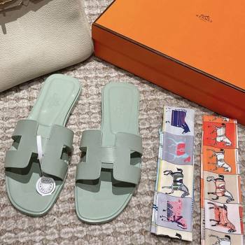 Hermes Classic Oran Flat Slide Sandals in Smooth Leather Light Green 2024 0123 (MD-240123078)