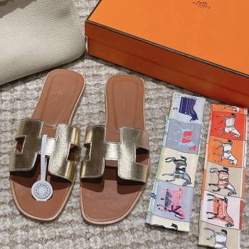 Hermes Classic Oran Flat Slide Sandals in Smooth Leather Gold 2024 0123 (MD-240123081)