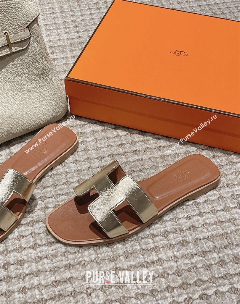 Hermes Classic Oran Flat Slide Sandals in Smooth Leather Gold 2024 0123 (MD-240123081)