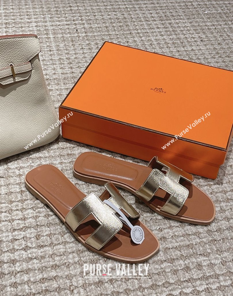 Hermes Classic Oran Flat Slide Sandals in Smooth Leather Gold 2024 0123 (MD-240123081)