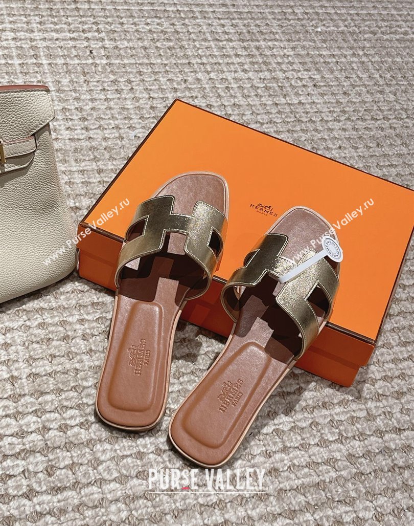 Hermes Classic Oran Flat Slide Sandals in Smooth Leather Gold 2024 0123 (MD-240123081)