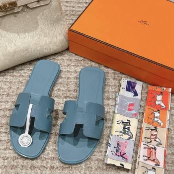 Hermes Classic Oran Flat Slide Sandals in Palm Grained Leather Blue 01 2024 0123 (MD-240123039)