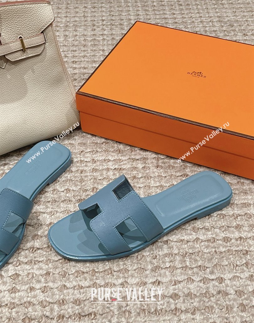 Hermes Classic Oran Flat Slide Sandals in Palm Grained Leather Blue 01 2024 0123 (MD-240123039)