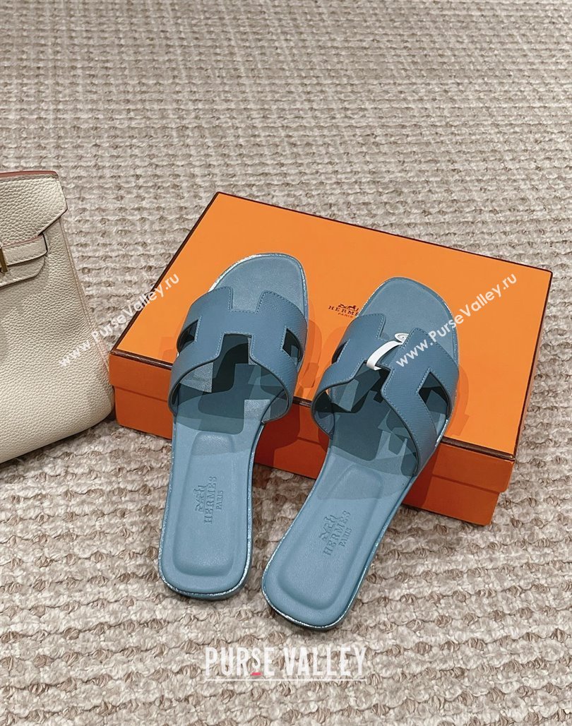 Hermes Classic Oran Flat Slide Sandals in Palm Grained Leather Blue 01 2024 0123 (MD-240123039)