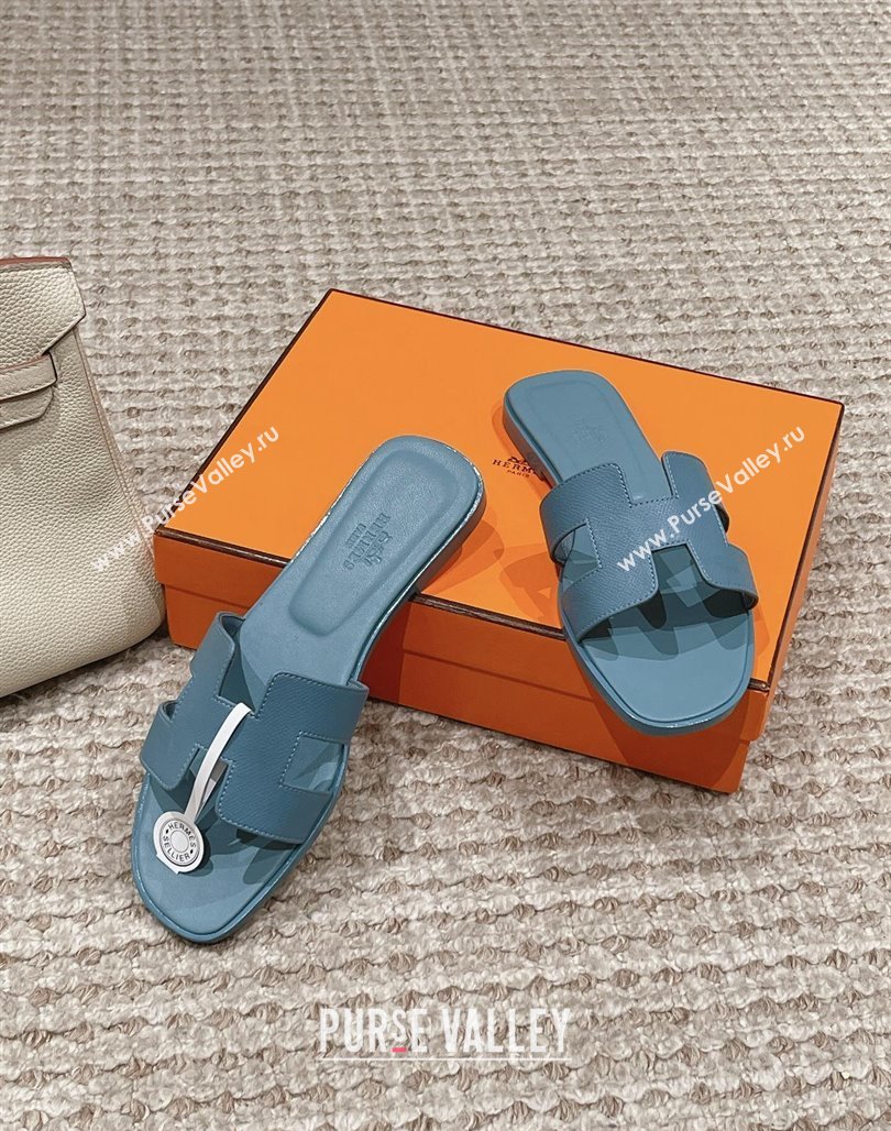 Hermes Classic Oran Flat Slide Sandals in Palm Grained Leather Blue 01 2024 0123 (MD-240123039)