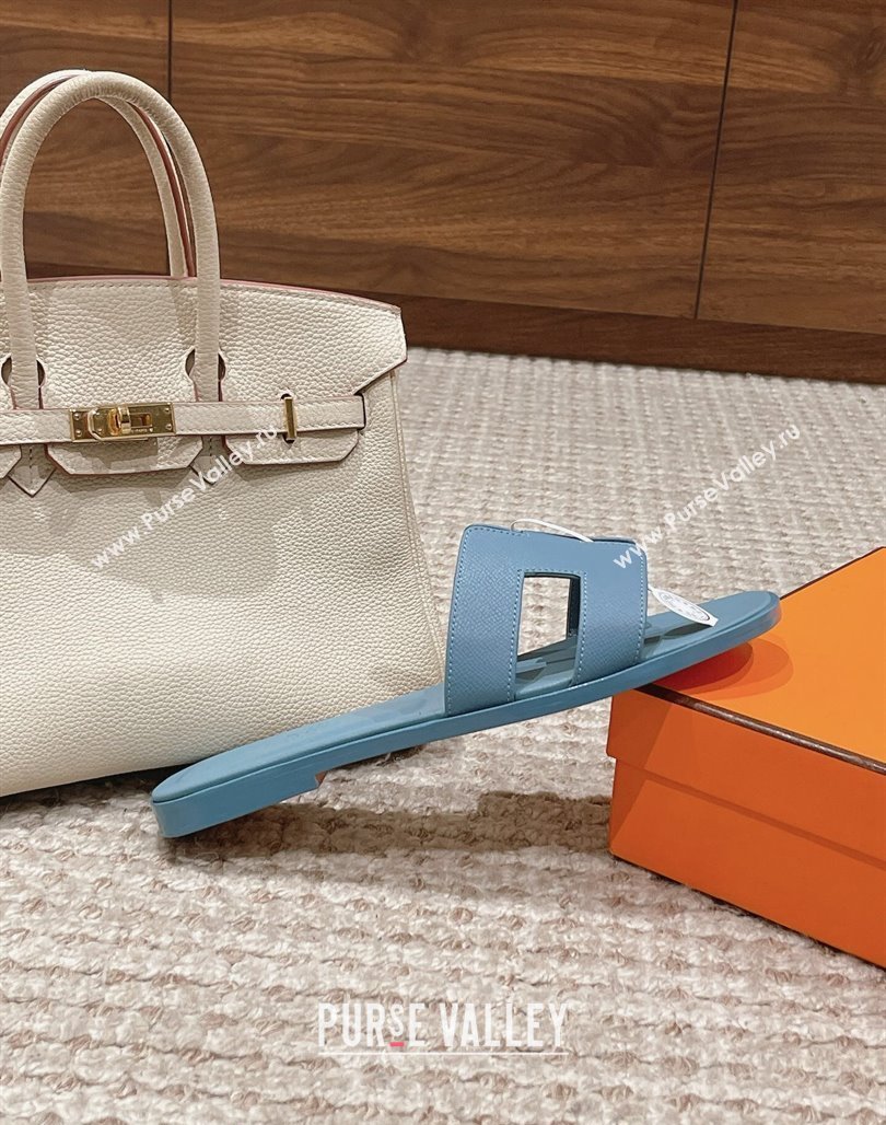 Hermes Classic Oran Flat Slide Sandals in Palm Grained Leather Blue 01 2024 0123 (MD-240123039)