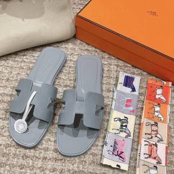 Hermes Classic Oran Flat Slide Sandals in Palm Grained Leather Grey 02 2024 0123 (MD-240123040)