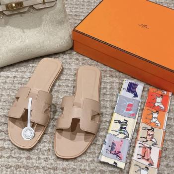 Hermes Classic Oran Flat Slide Sandals in Palm Grained Leather Beige 04 2024 0123 (MD-240123042)