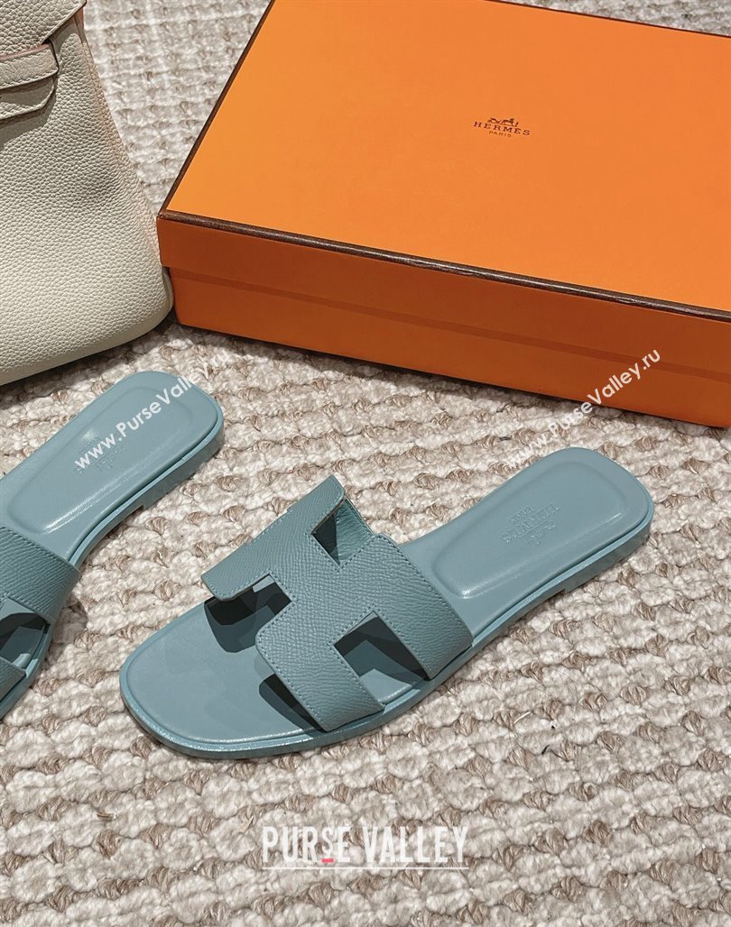 Hermes Classic Oran Flat Slide Sandals in Palm Grained Leather Blue 05 2024 0123 (MD-240123043)