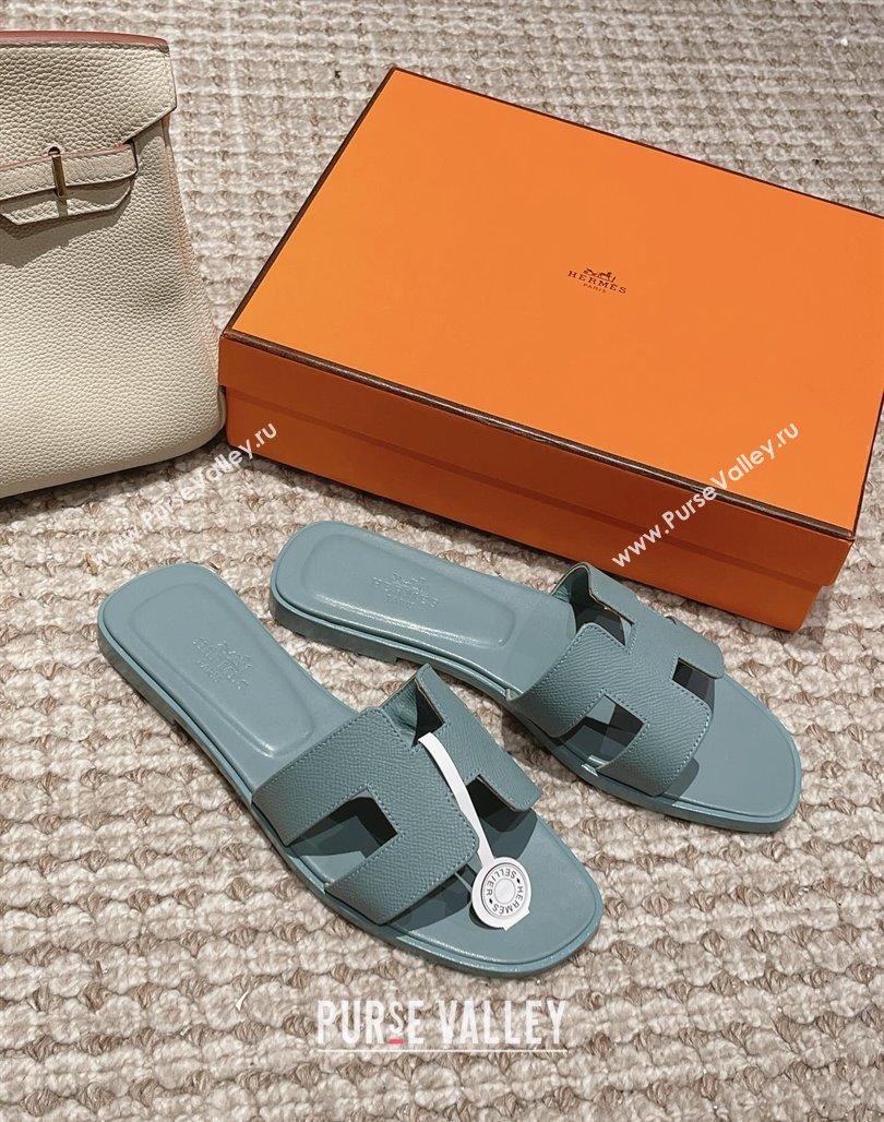 Hermes Classic Oran Flat Slide Sandals in Palm Grained Leather Blue 05 2024 0123 (MD-240123043)