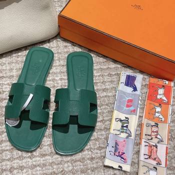 Hermes Classic Oran Flat Slide Sandals in Palm Grained Leather Green 12 2024 0123 (MD-240123051)