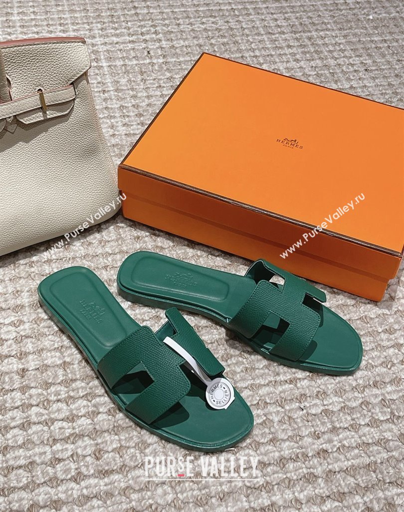 Hermes Classic Oran Flat Slide Sandals in Palm Grained Leather Green 12 2024 0123 (MD-240123051)