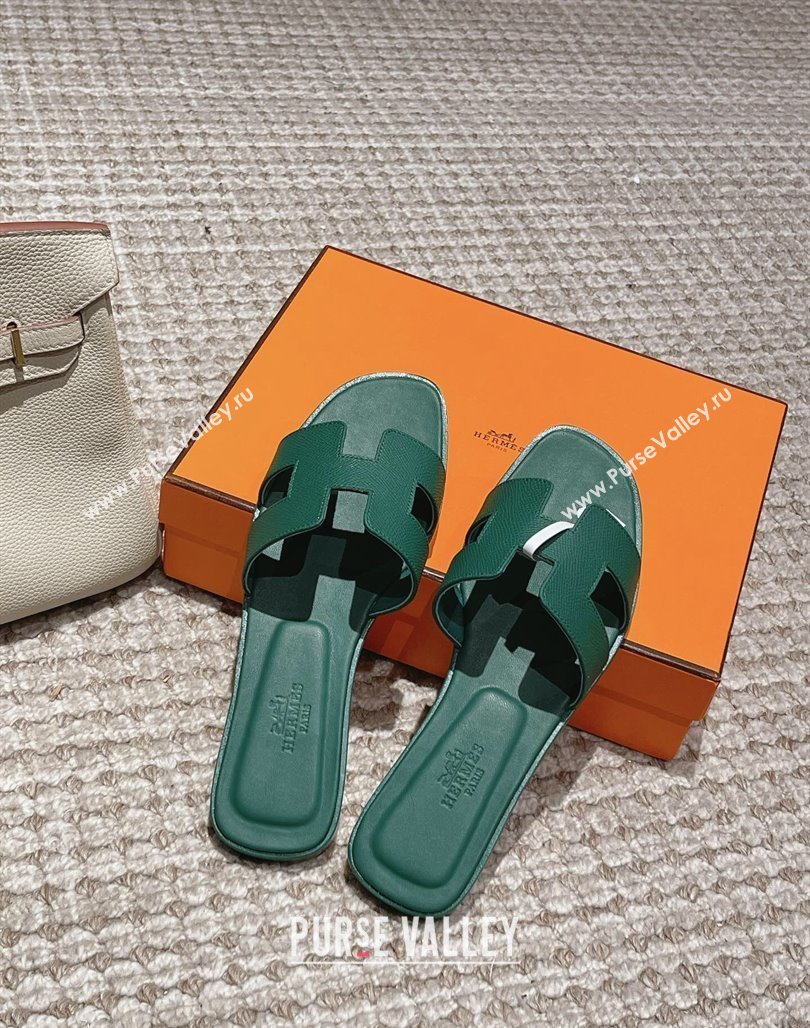 Hermes Classic Oran Flat Slide Sandals in Palm Grained Leather Green 12 2024 0123 (MD-240123051)