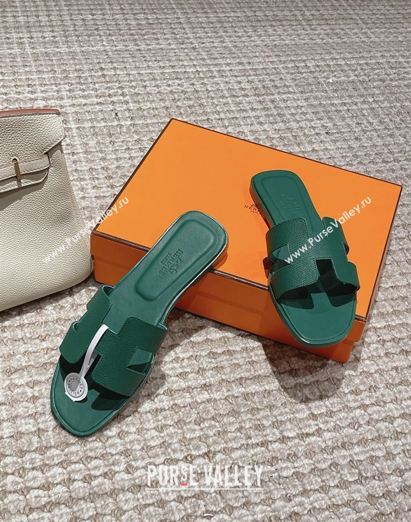 Hermes Classic Oran Flat Slide Sandals in Palm Grained Leather Green 12 2024 0123 (MD-240123051)