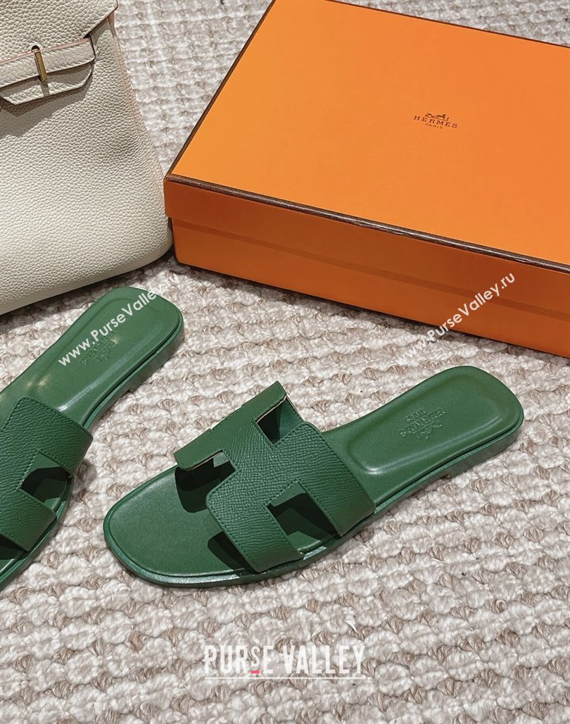 Hermes Classic Oran Flat Slide Sandals in Palm Grained Leather Green 13 2024 0123 (MD-240123052)