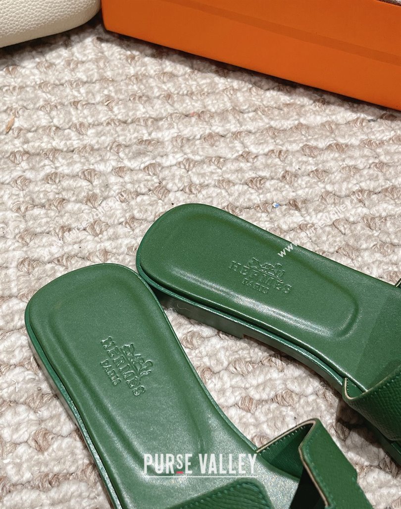 Hermes Classic Oran Flat Slide Sandals in Palm Grained Leather Green 13 2024 0123 (MD-240123052)