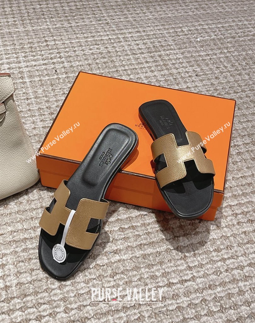 Hermes Classic Oran Flat Slide Sandals in Palm Grained Leather Gold/Black 2024 0123 (MD-240123055)