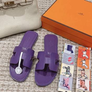 Hermes Classic Oran Flat Slide Sandals in Palm Grained Leather Purple 17 2024 0123 (MD-240123057)