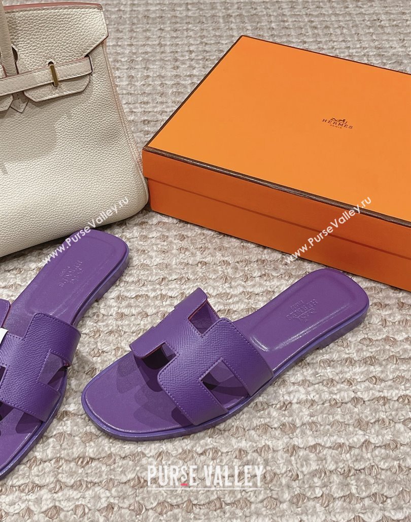 Hermes Classic Oran Flat Slide Sandals in Palm Grained Leather Purple 17 2024 0123 (MD-240123057)