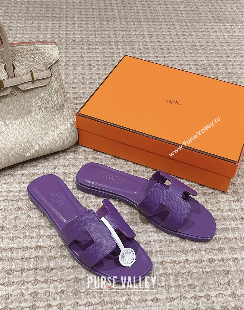 Hermes Classic Oran Flat Slide Sandals in Palm Grained Leather Purple 17 2024 0123 (MD-240123057)