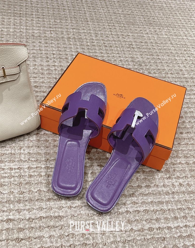 Hermes Classic Oran Flat Slide Sandals in Palm Grained Leather Purple 17 2024 0123 (MD-240123057)