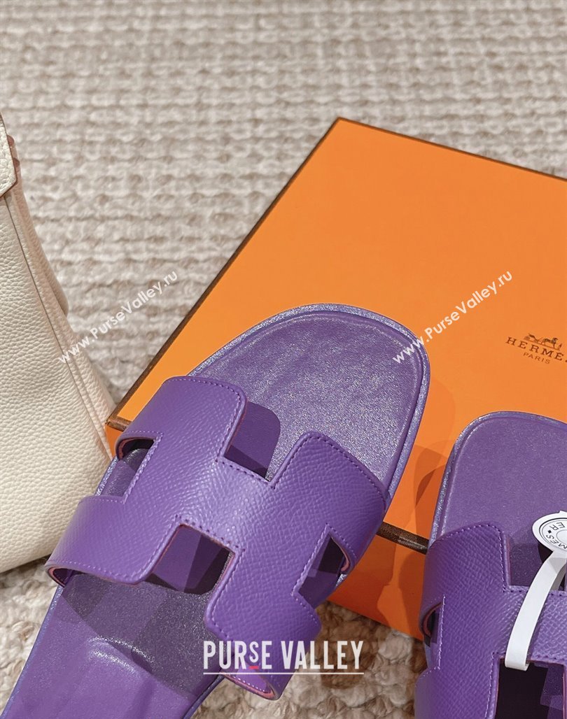 Hermes Classic Oran Flat Slide Sandals in Palm Grained Leather Purple 17 2024 0123 (MD-240123057)