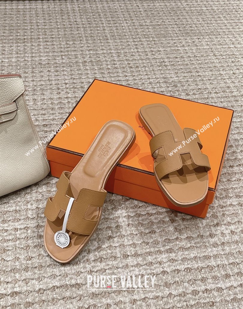 Hermes Classic Oran Flat Slide Sandals in Palm Grained Leather Brown 19 2024 0123 (MD-240123059)