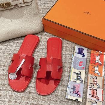 Hermes Classic Oran Flat Slide Sandals in Palm Grained Leather Red 20 2024 0123 (MD-240123060)