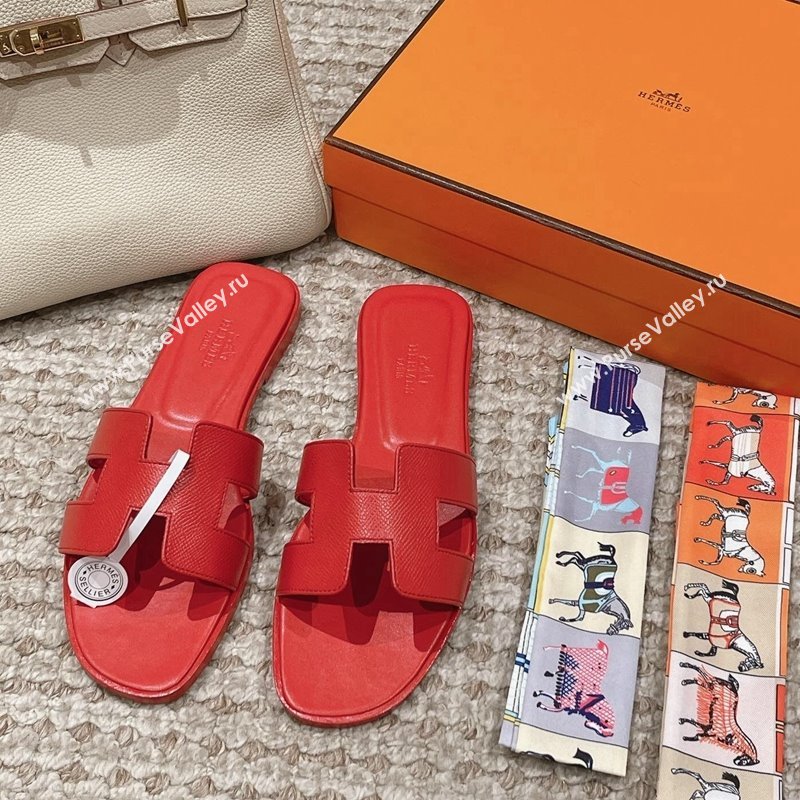 Hermes Classic Oran Flat Slide Sandals in Palm Grained Leather Red 20 2024 0123 (MD-240123060)