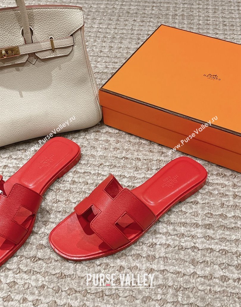 Hermes Classic Oran Flat Slide Sandals in Palm Grained Leather Red 20 2024 0123 (MD-240123060)