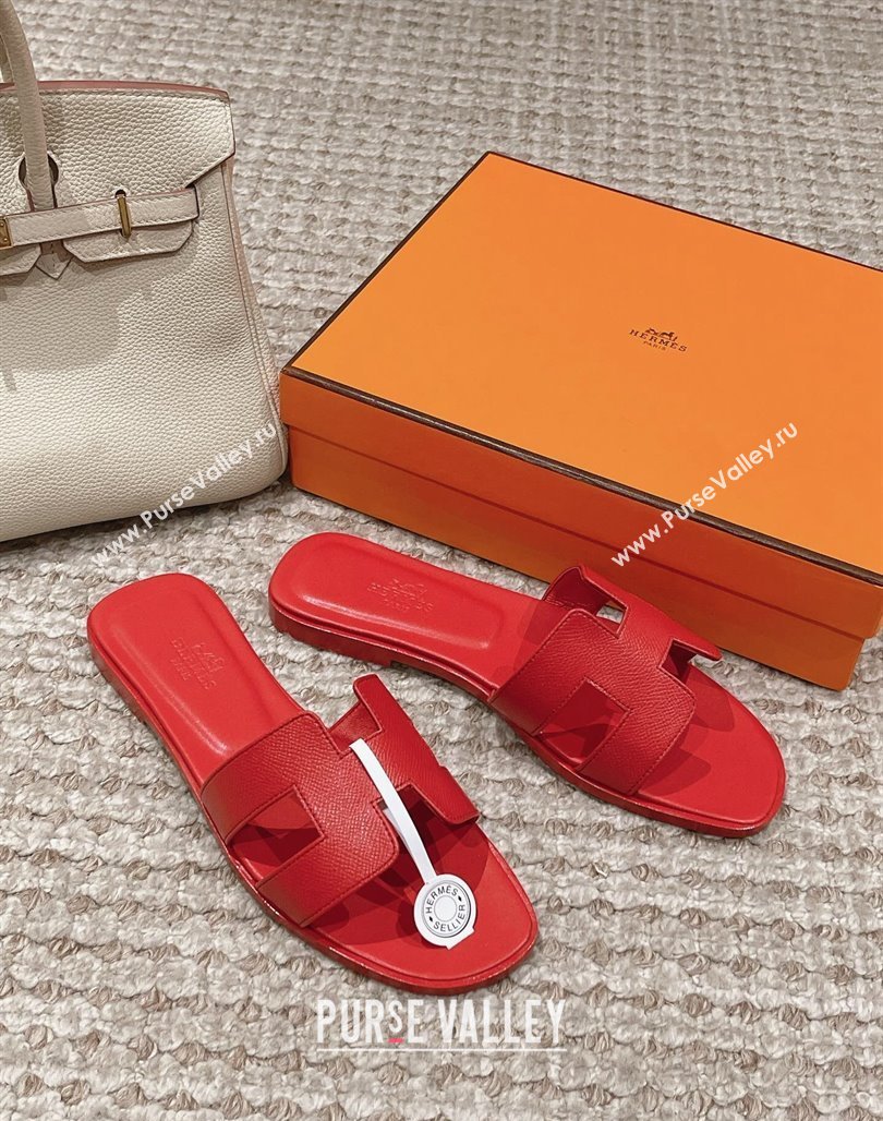 Hermes Classic Oran Flat Slide Sandals in Palm Grained Leather Red 20 2024 0123 (MD-240123060)