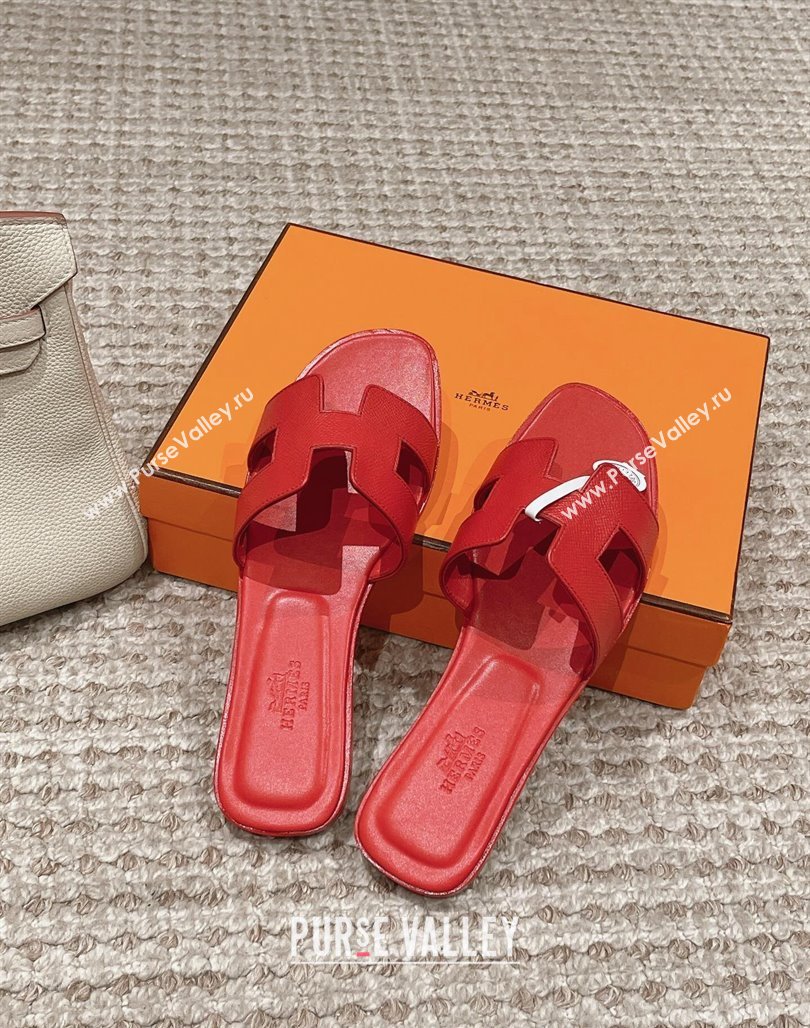 Hermes Classic Oran Flat Slide Sandals in Palm Grained Leather Red 20 2024 0123 (MD-240123060)