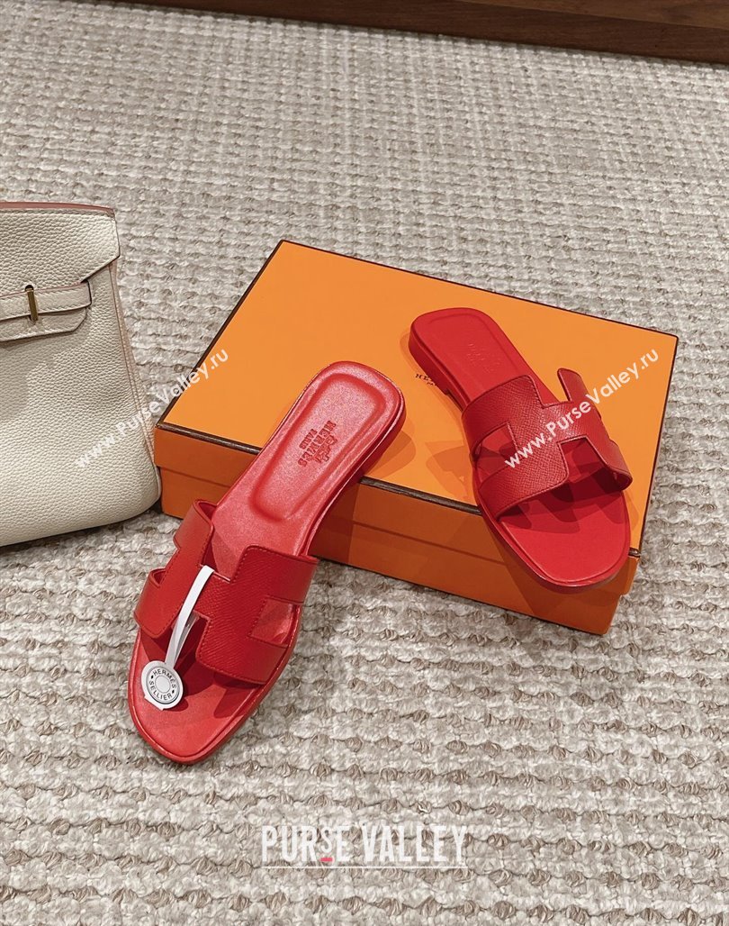 Hermes Classic Oran Flat Slide Sandals in Palm Grained Leather Red 20 2024 0123 (MD-240123060)