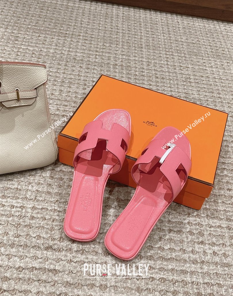 Hermes Classic Oran Flat Slide Sandals in Palm Grained Leather Pink 21 2024 0123 (MD-240123061)