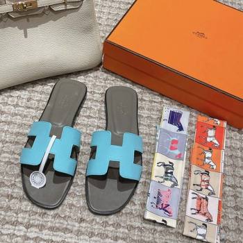 Hermes Classic Oran Flat Slide Sandals in Palm Grained Leather Blue/Grey 2024 0123 (MD-240123063)