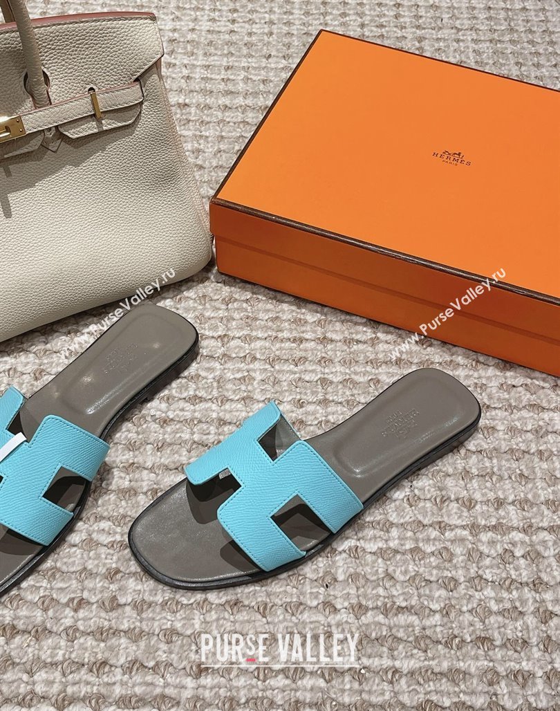 Hermes Classic Oran Flat Slide Sandals in Palm Grained Leather Blue/Grey 2024 0123 (MD-240123063)