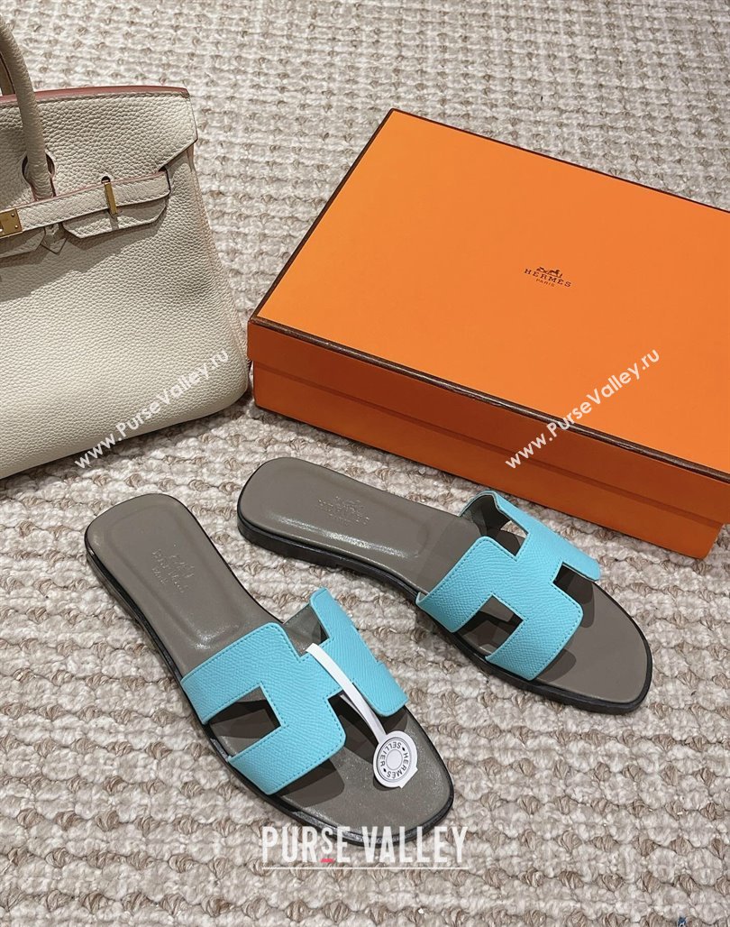 Hermes Classic Oran Flat Slide Sandals in Palm Grained Leather Blue/Grey 2024 0123 (MD-240123063)