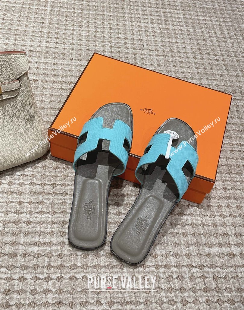 Hermes Classic Oran Flat Slide Sandals in Palm Grained Leather Blue/Grey 2024 0123 (MD-240123063)