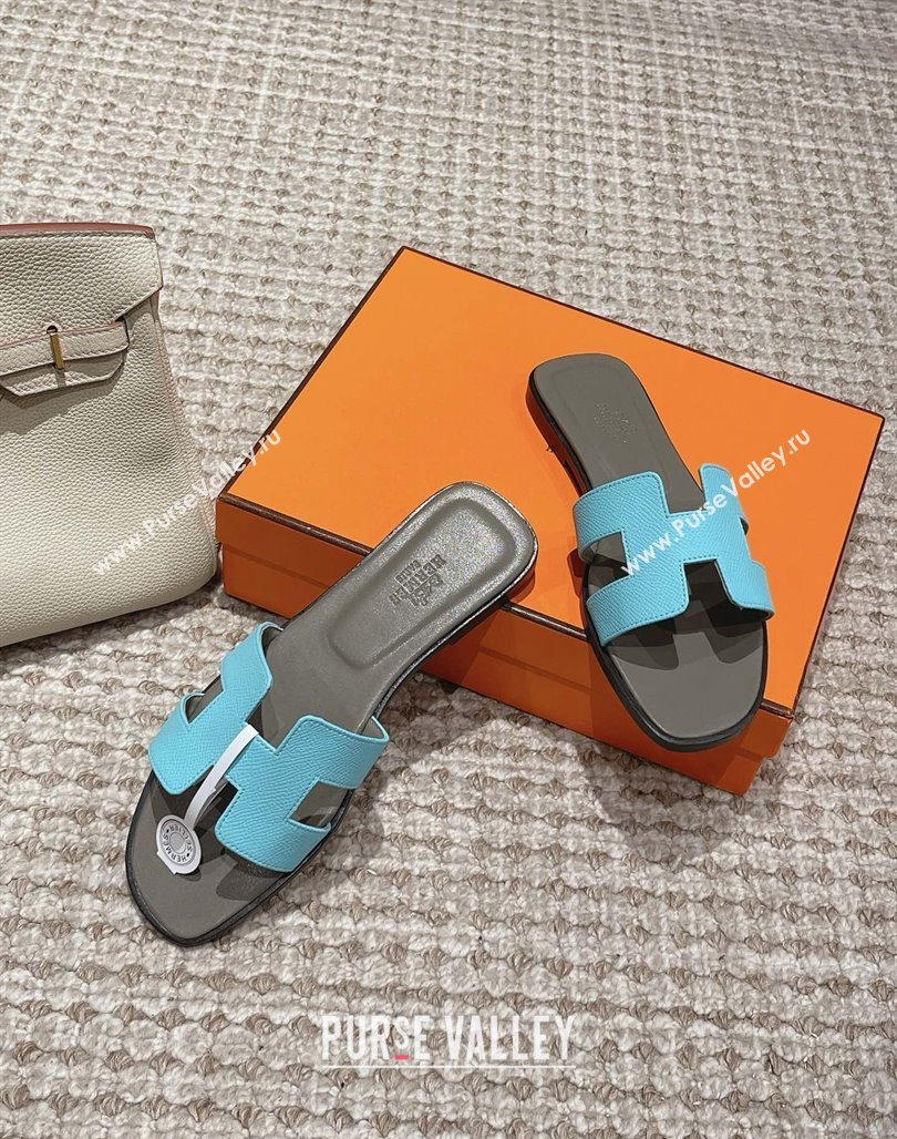 Hermes Classic Oran Flat Slide Sandals in Palm Grained Leather Blue/Grey 2024 0123 (MD-240123063)