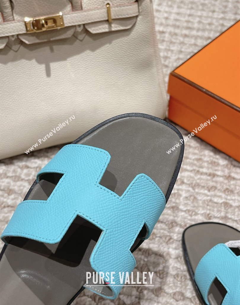 Hermes Classic Oran Flat Slide Sandals in Palm Grained Leather Blue/Grey 2024 0123 (MD-240123063)