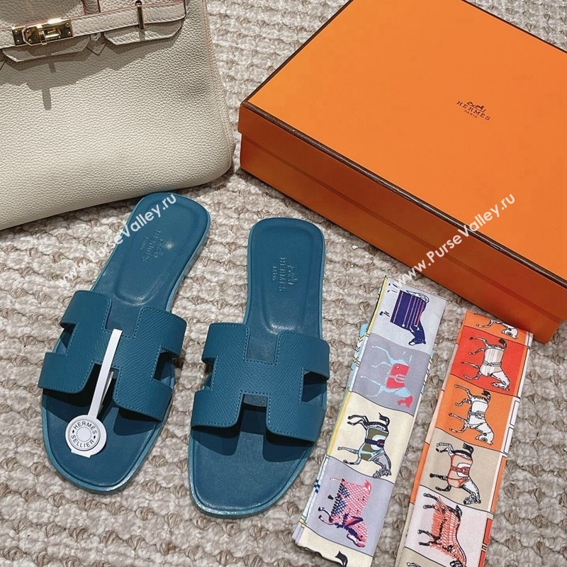 Hermes Classic Oran Flat Slide Sandals in Palm Grained Leather Blue 28 2024 0123 (MD-240123068)