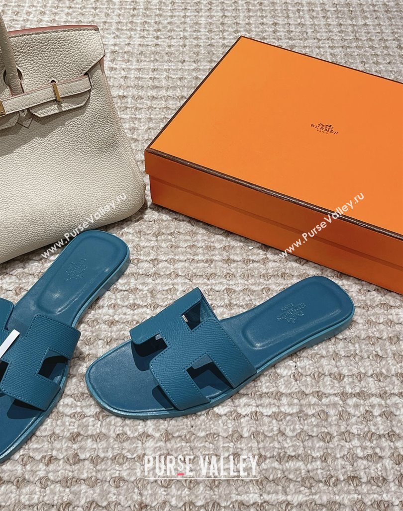 Hermes Classic Oran Flat Slide Sandals in Palm Grained Leather Blue 28 2024 0123 (MD-240123068)