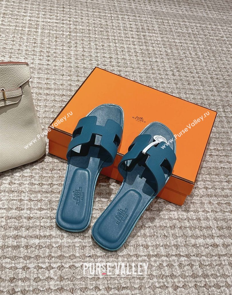 Hermes Classic Oran Flat Slide Sandals in Palm Grained Leather Blue 28 2024 0123 (MD-240123068)