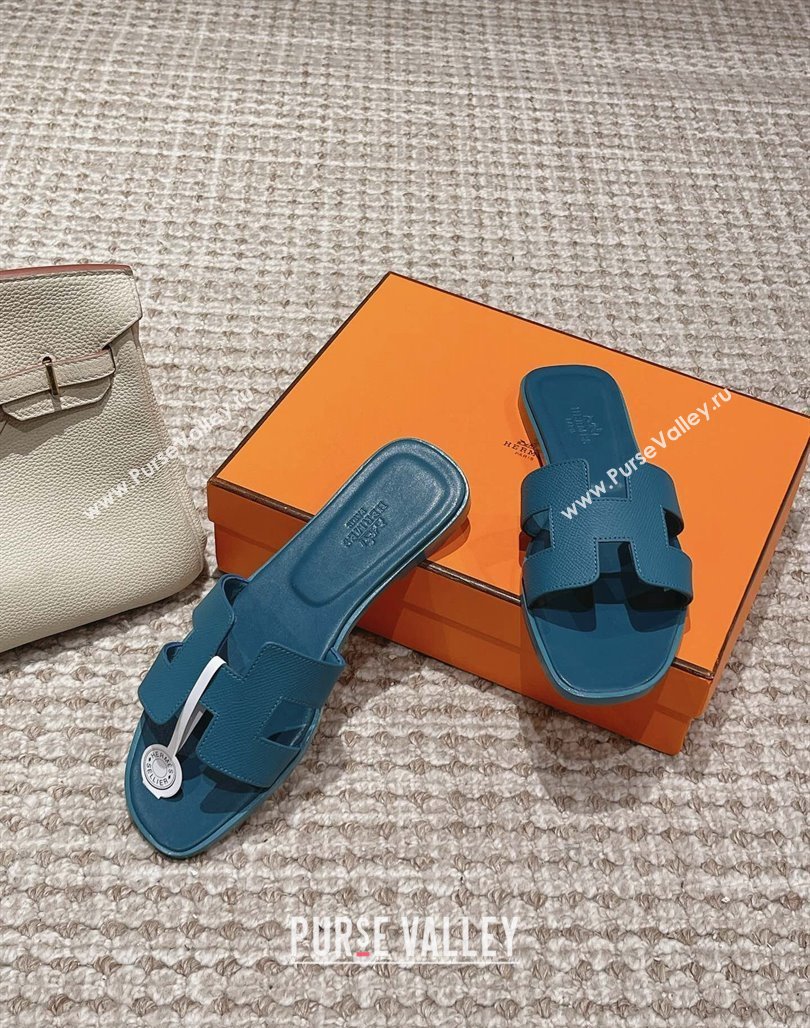 Hermes Classic Oran Flat Slide Sandals in Palm Grained Leather Blue 28 2024 0123 (MD-240123068)