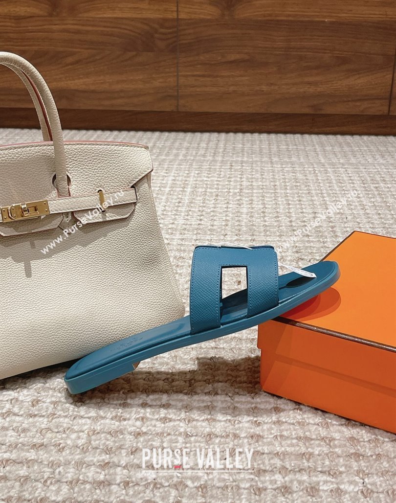 Hermes Classic Oran Flat Slide Sandals in Palm Grained Leather Blue 28 2024 0123 (MD-240123068)