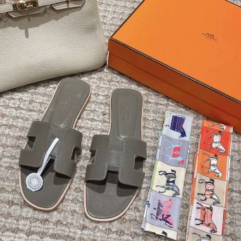 Hermes Classic Oran Flat Slide Sandals in Palm Grained Leather Grey 29 2024 0123 (MD-240123069)