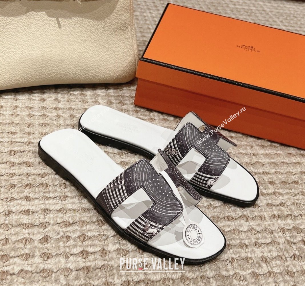 Hermes Classic Oran Flat Slide Sandals in Calfskin with Astrologie Bandana Print White 2024 0123 (MD-240123082)