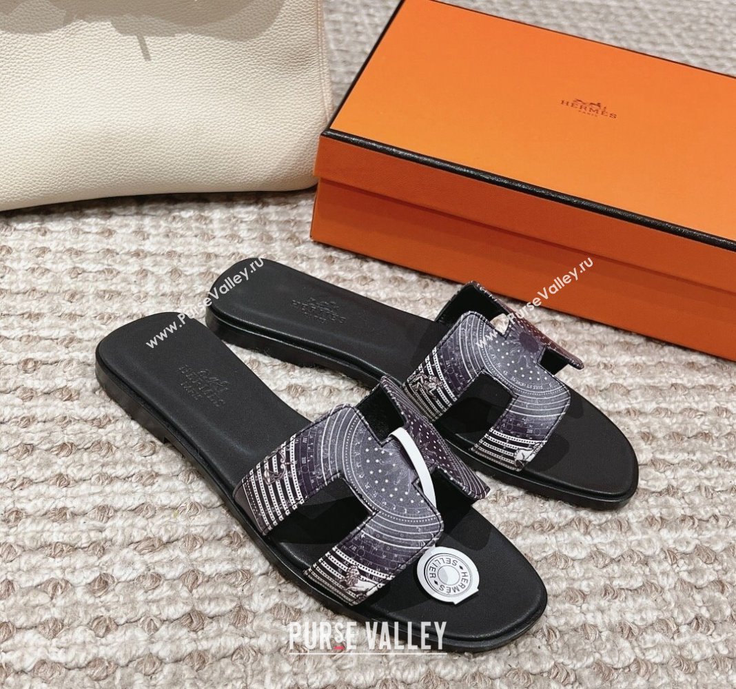 Hermes Classic Oran Flat Slide Sandals in Calfskin with Astrologie Bandana Print Black 2024 0123 (MD-240123083)